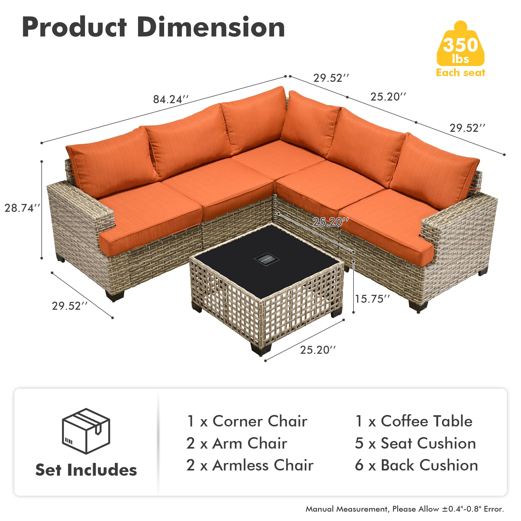 Product Dimension  
29.52" x 350 lbs Each seat  
84.24" x 25.20" x 29.52" x 28.74" x 25.20" x 29.52" x 15.75" x 25.20"  

Set Includes  
1 x Corner Chair  
2 x Arm Chair  
2 x Armless Chair  
1 x Coffee Table  
5 x Seat Cushion  
6 x Back Cushion  

Manual Measurement, Please Allow ±0.4"-0.8" Error.