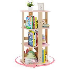 Costway - 360° Spinning 3-Tier Kids Book Shelf Tower with 12 Sectors Cute Square Book Stand - Pink