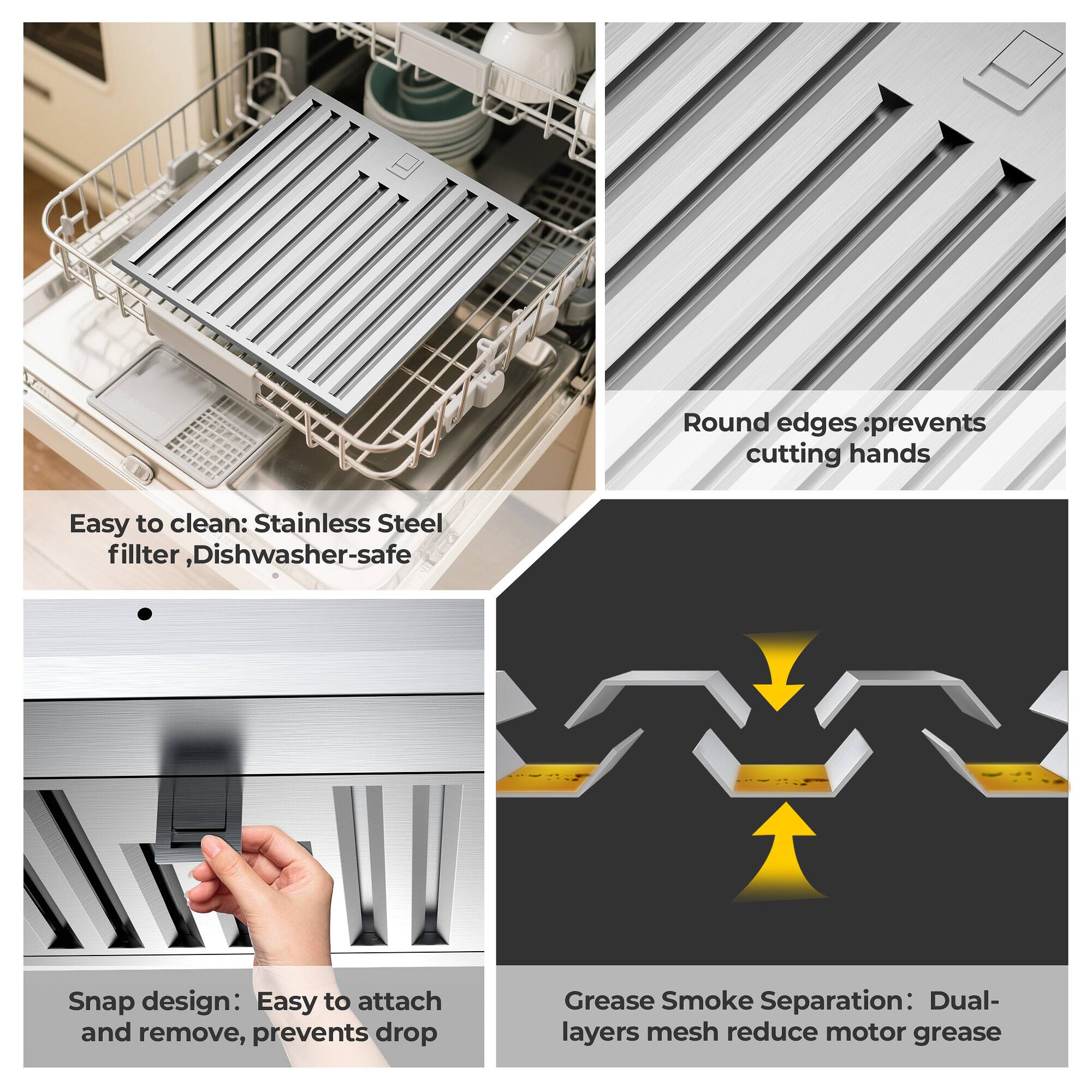 Round edges :prevents cutting hands

Easy to clean: Stainless Steel filter, Dishwasher-safe

Snap design: Easy to attach and remove, prevents drop

Grease Smoke Separation: Dual-layers mesh reduce motor grease