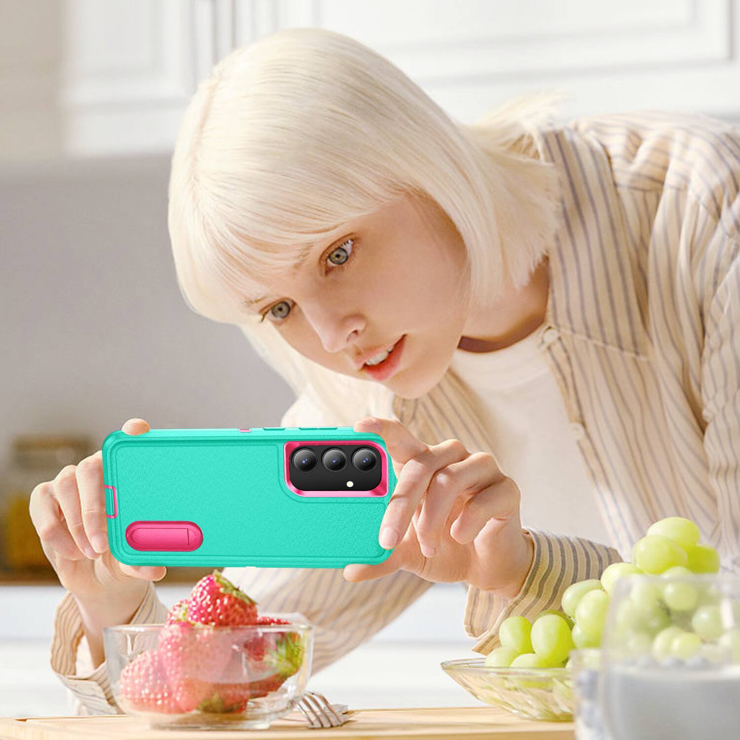 Alt View 4. Dteck - Heavy Duty Case for Samsung Galaxy S25 FE with Foldable Kickstand,Dual-Layer Shockproof Hard PC Soft Silicone Cover - Mint+Rose.