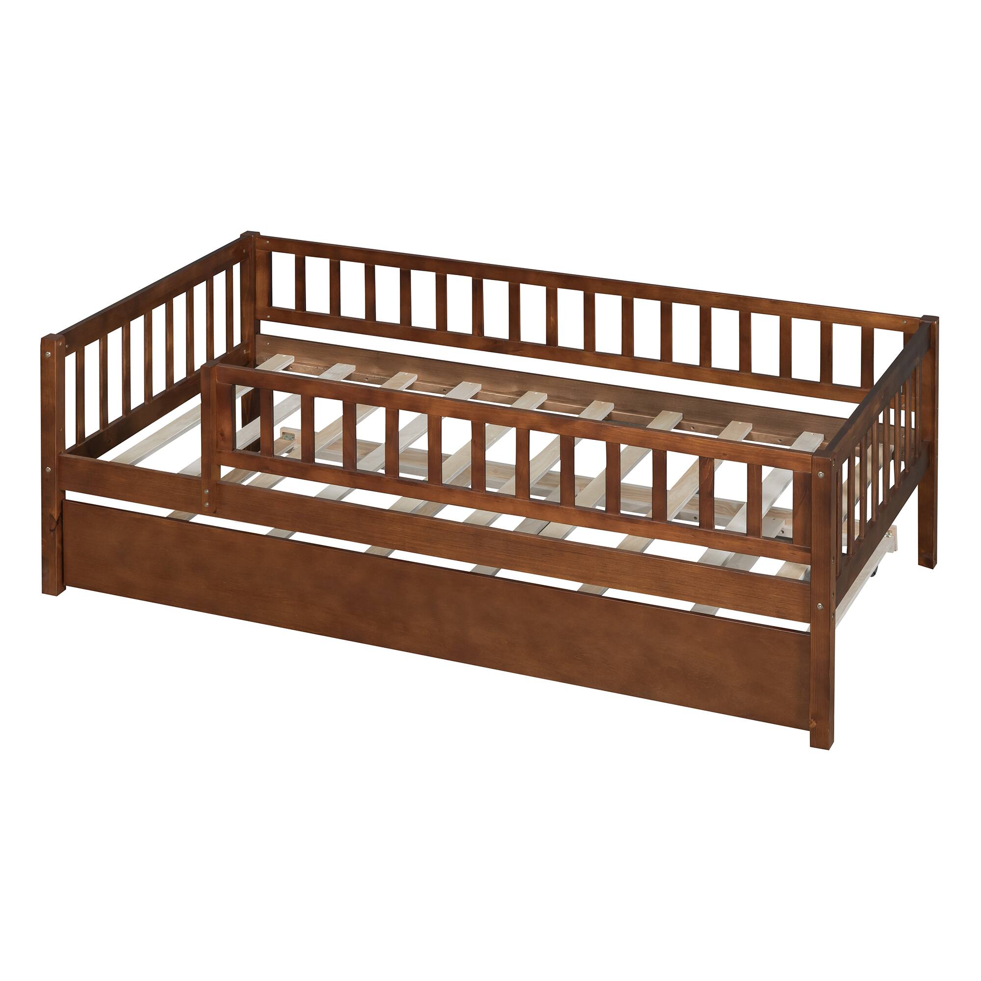 Alt View 10. Tiramisubest - Twin Size Wood Daybed with Trundle and Fence Guardrails, Walnut - Walnut.