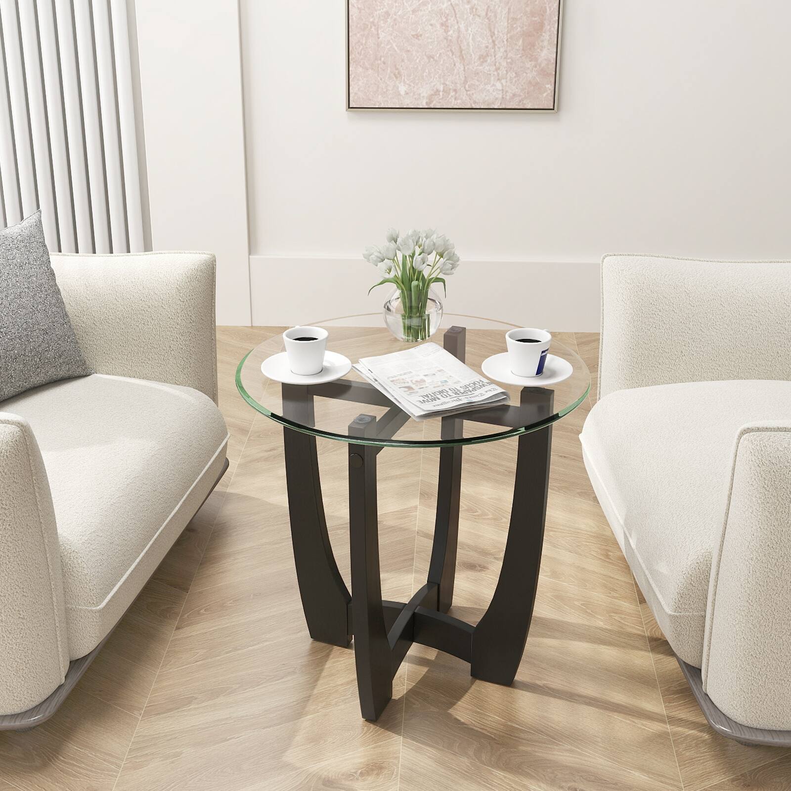 Angle. SlickBlue - Round End Table with Tempered Glass Top, Modern Side Table for Living Room - Clear, Black.