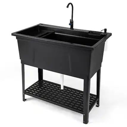 Front. Costway - Costway 26.42 gal Utility Sink, Laundry Tub with Rotating Faucet, Storage Shelf, Drip Tray - Black.