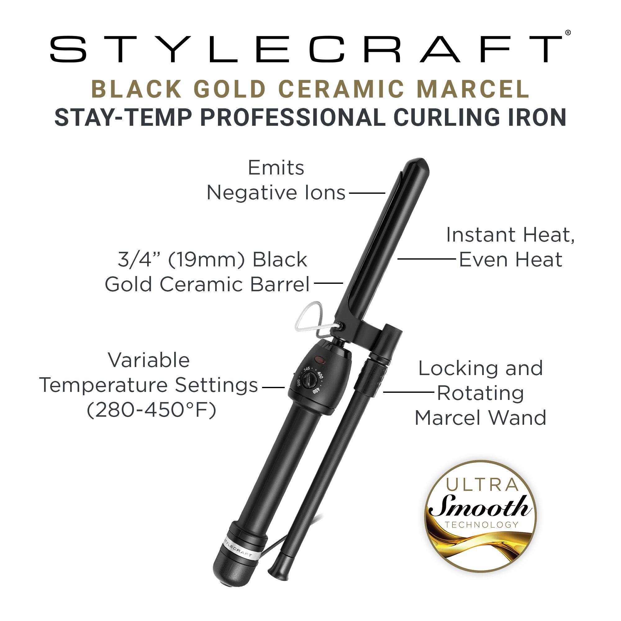 STYLECRAFT BLACK GOLD CERAMIC MARCEL STAY-TEMP PROFESSIONAL CURLING IRON

Emits Negative lons
3/4" (19mm) Black Gold Ceramic Barrel
Instant Heat, Even Heat
Variable Temperature Settings (280-450F)
Locking and Rotating Marcel Wand
ULTRA Smooth TECHNOLOGY