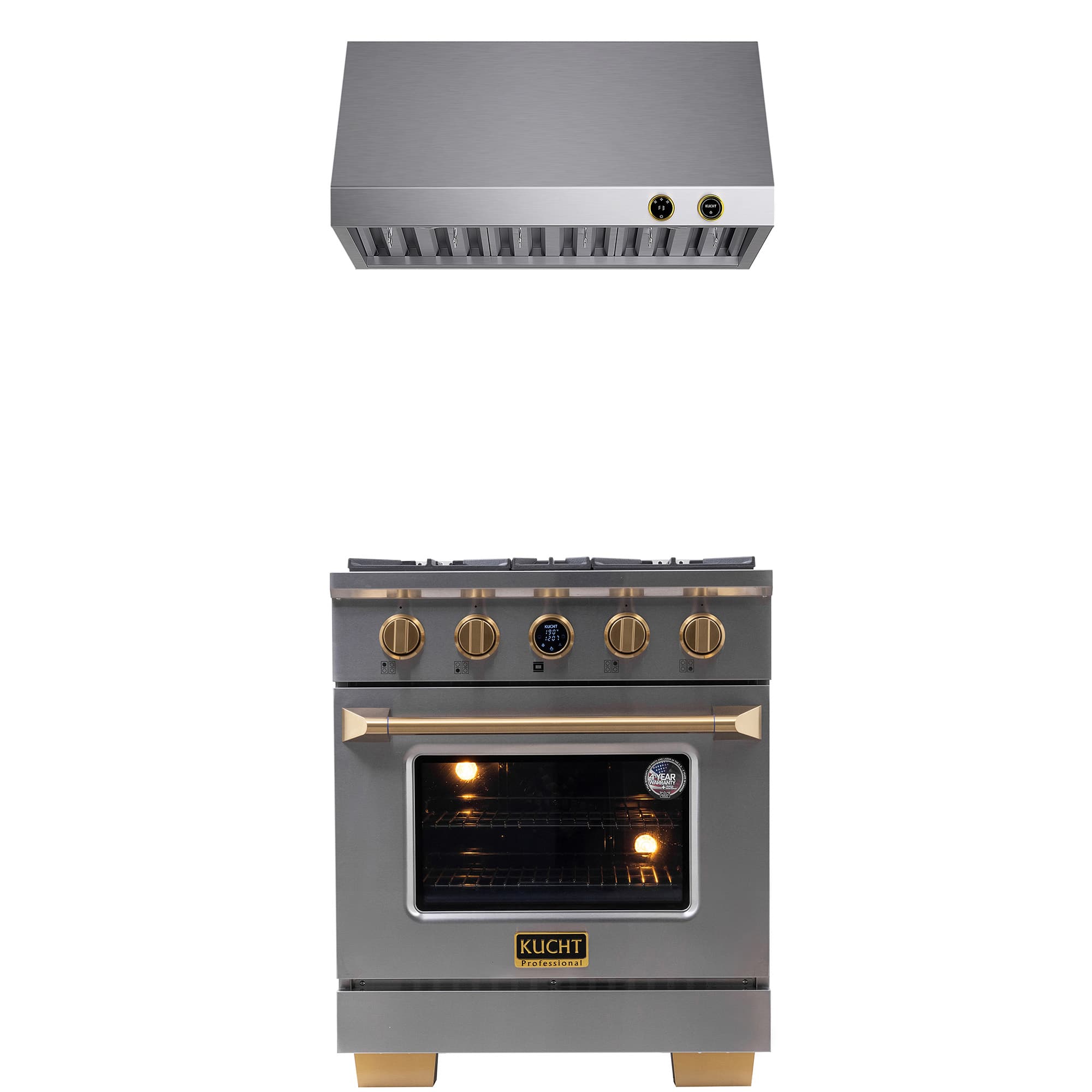 Kucht - 30 in. 4.2 cu. ft. 4 Burners Dual Fuel Range for Propane Gas in Stainless Steel and Gold + Under Cabinet Range Hood - Stainless Steel with Gold Accents