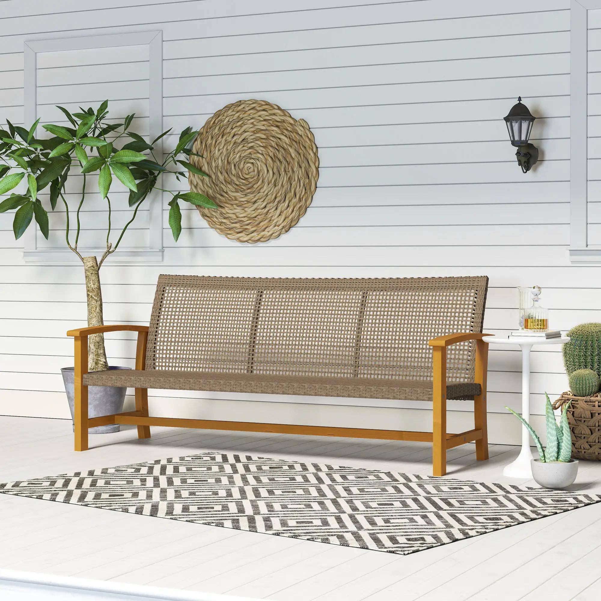 Angle. Spaco - Spaco 3-Seat Patio Wicker Sofa, Acacia Wood, Steel Armrests, 1000lb Capacity - Teak.