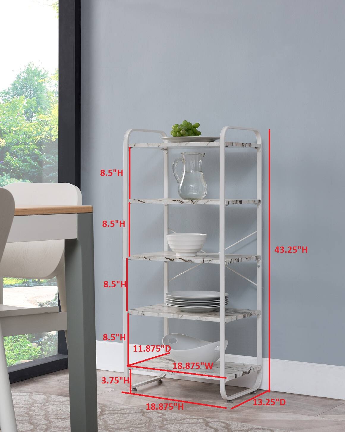 - Height: 43.25"
- Width: 18.875"
- Depth: 13.25"
- Shelf Height: 8.5" (x4)
- Shelf Depth: 11.875"
- Bottom Shelf Height: 3.75"