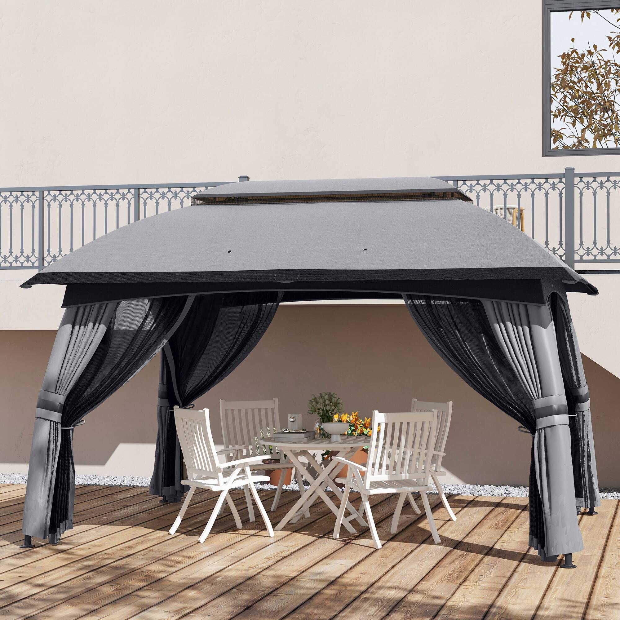 Alt View 7. Outsunny - Patio Gazebo, Outdoor Gazebo Canopy Shelter with Netting, Vented Roof, Steel Frame for Garden, Lawn - Dark Gray.