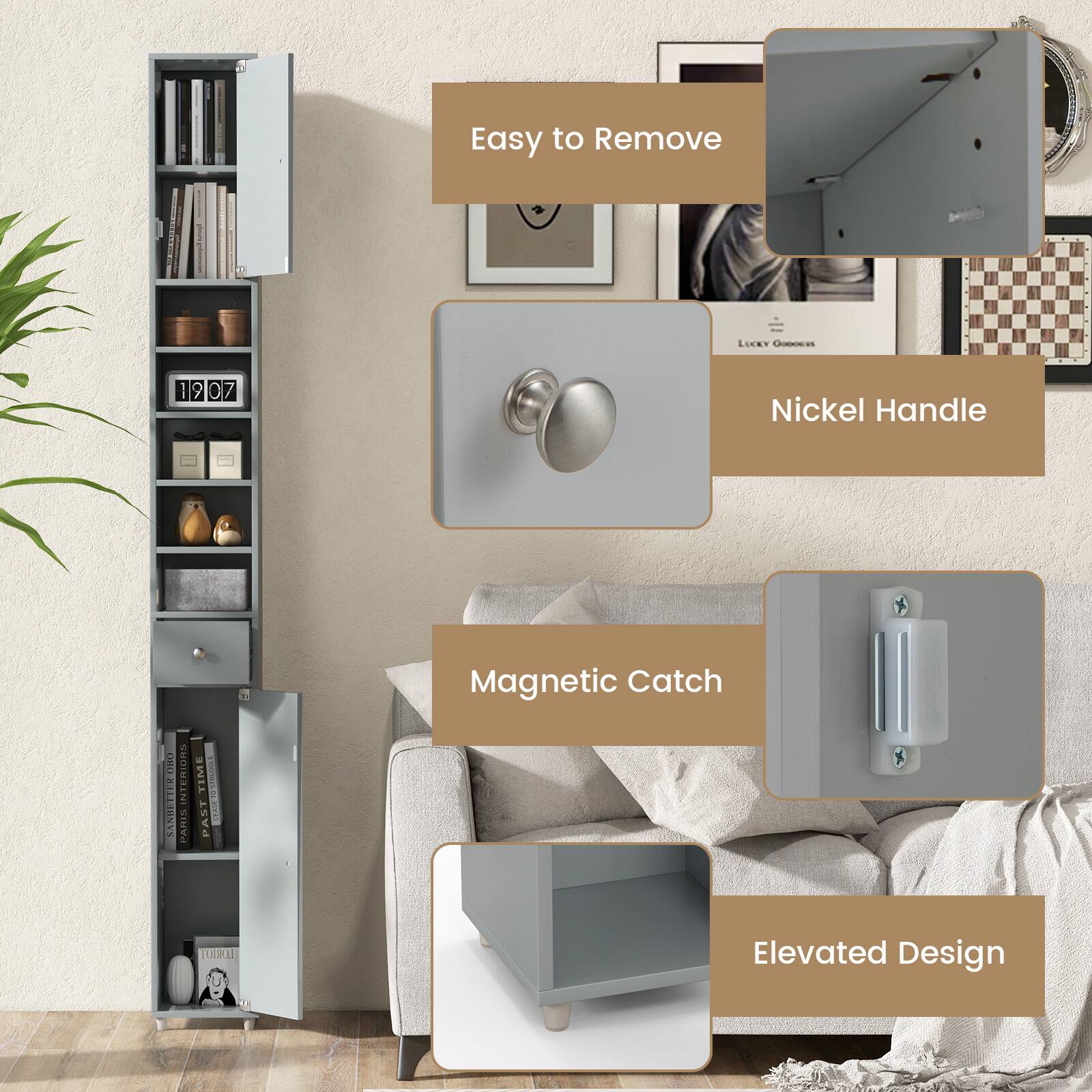 Easy to Remove, Nickel Handle, Magnetic Catch, Elevated Design