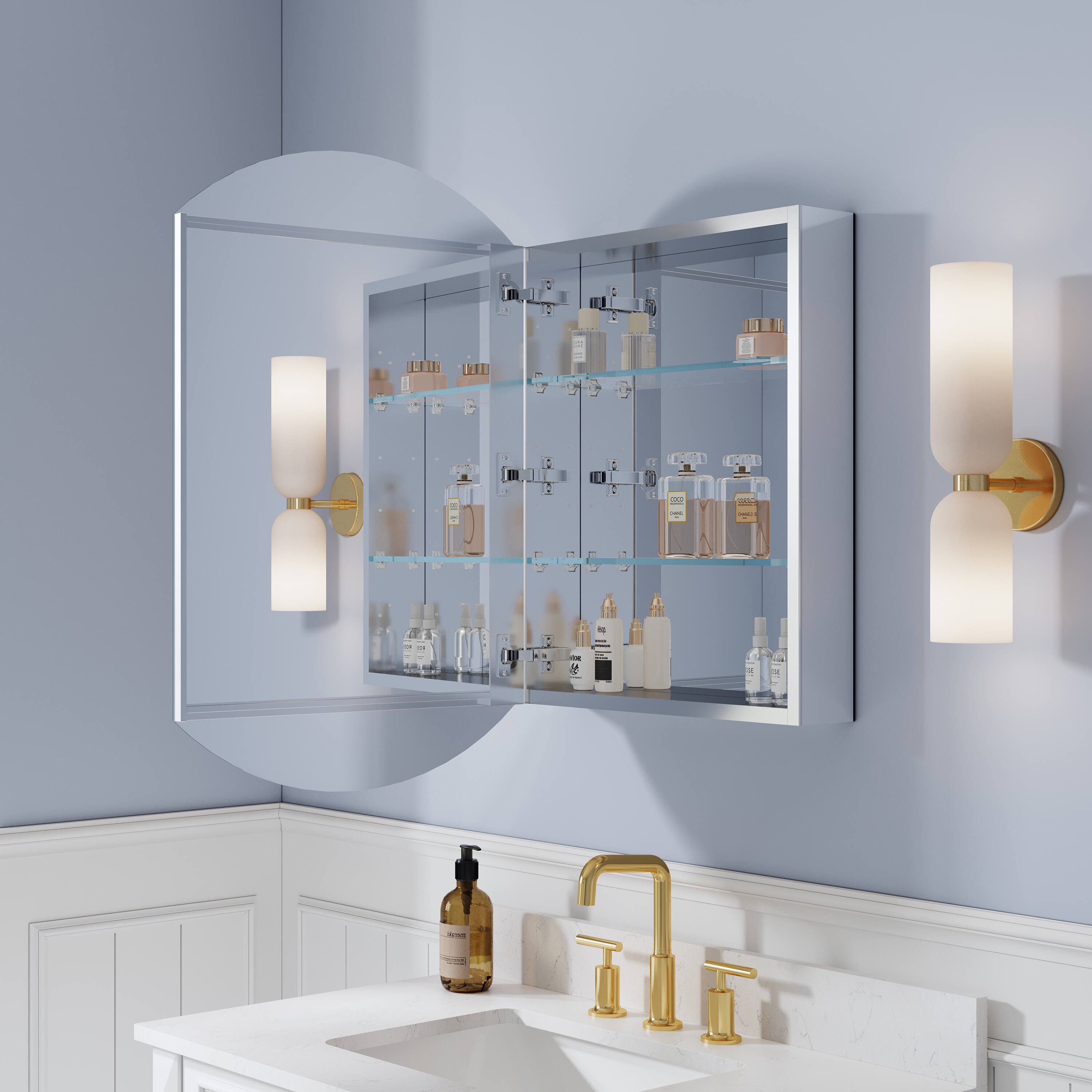 Left. WELLFOR - 20 in. W x 32 in. H Oval Aluminum Tri-View Medicine Cabinet with Mirror, Blum Hinge, Adjustable Shelves - Silver.
