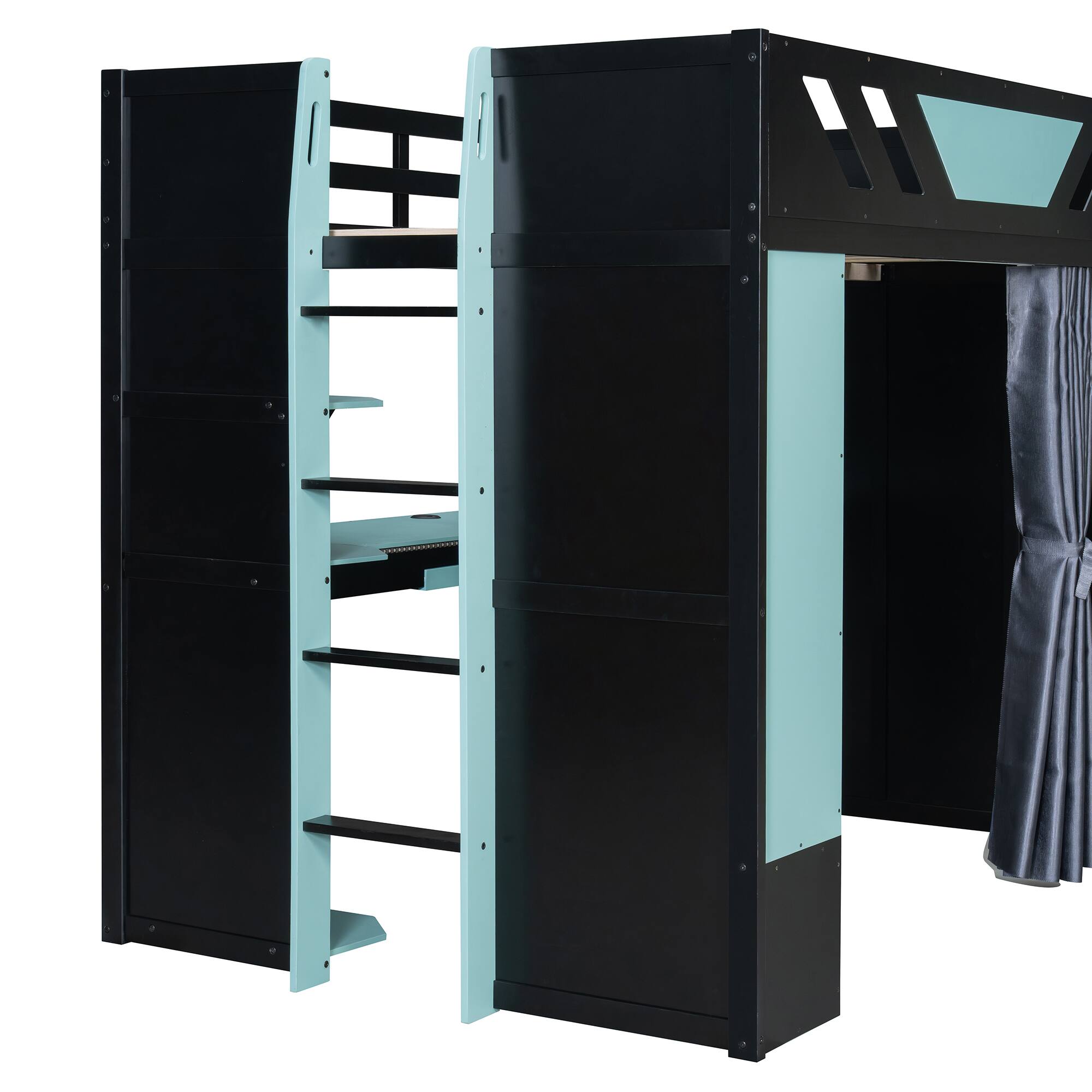 Alt View 1. Anysun - Full Size Wood Loft Bed with,Shelves,Blackout Curtains,and RGB Lights - Blue.