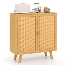 Gymax - Bamboo Buffet Cabinet w/ PE Rattan Doors Freestanding Kitchen Cupboard - Natural
