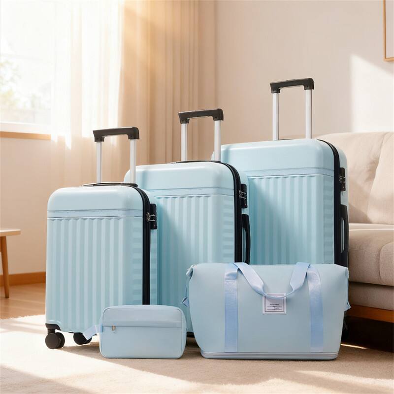 Angle. HTUTWOO - Luggage Set 5 Piece - Hardside Carry On Suitcase, Expandable Spinner Wheels, TSA Lock,Travel Bags,Lightweight Travel Set - Light Blue.
