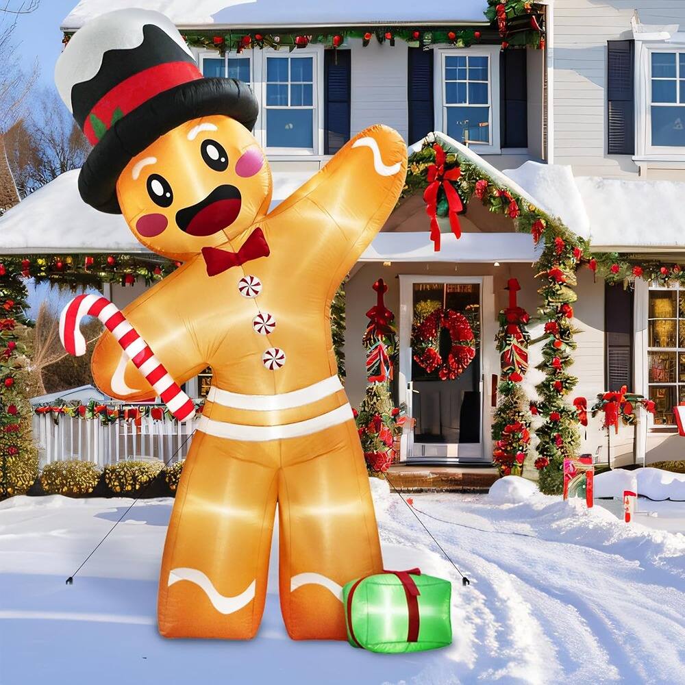 Left. PARKER SLATER - 12FT Gingerbread Christmas Inflatable – Outdoor Yard Decor with 8 LED Lights - Colorful.
