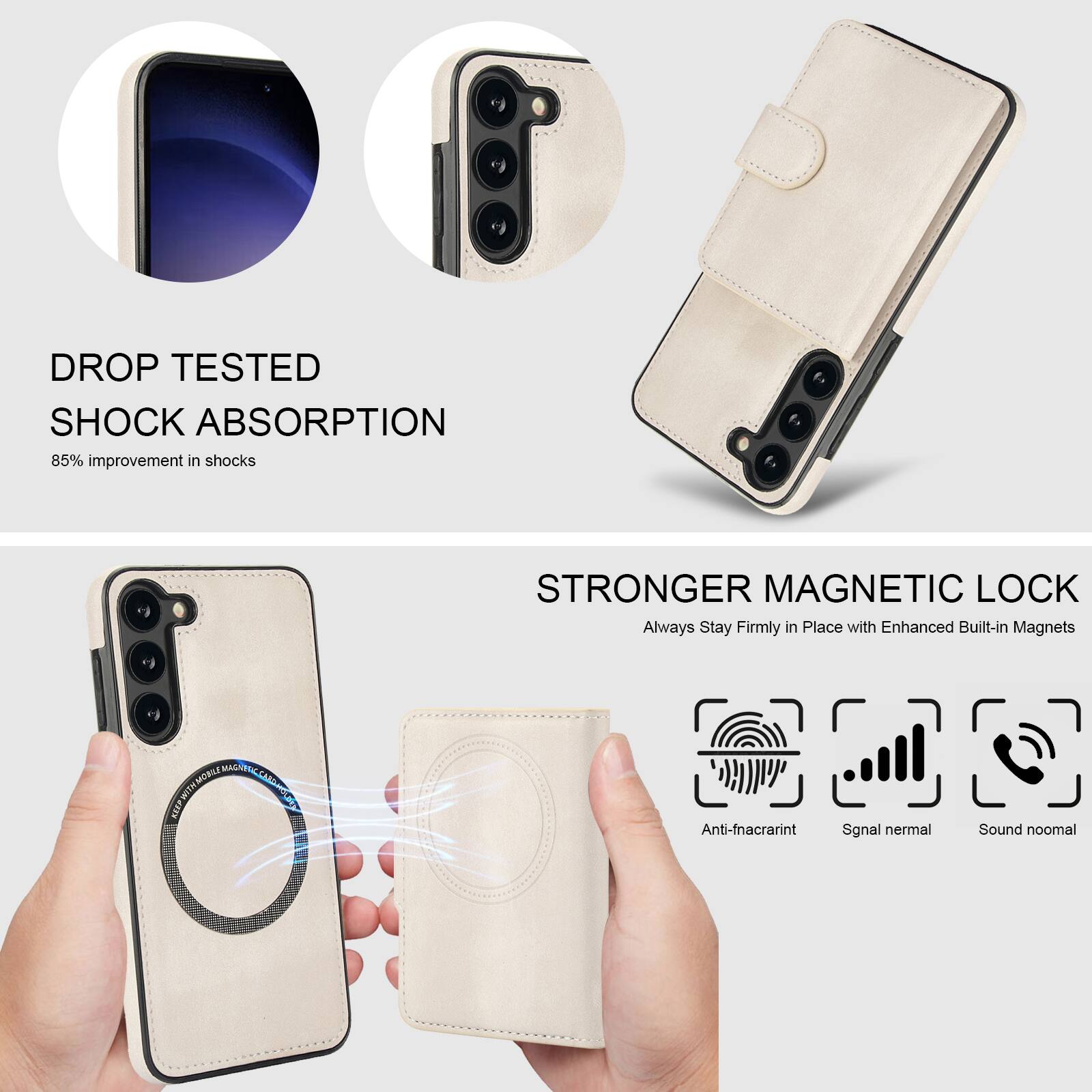DROP TESTED SHOCK ABSORPTION  
85% improvement in shocks  

STRONGER MAGNETIC LOCK  
Always Stay Firmly in Place with Enhanced Built-in Magnets  

Anti-fingerprint  
Signal normal  
Sound normal