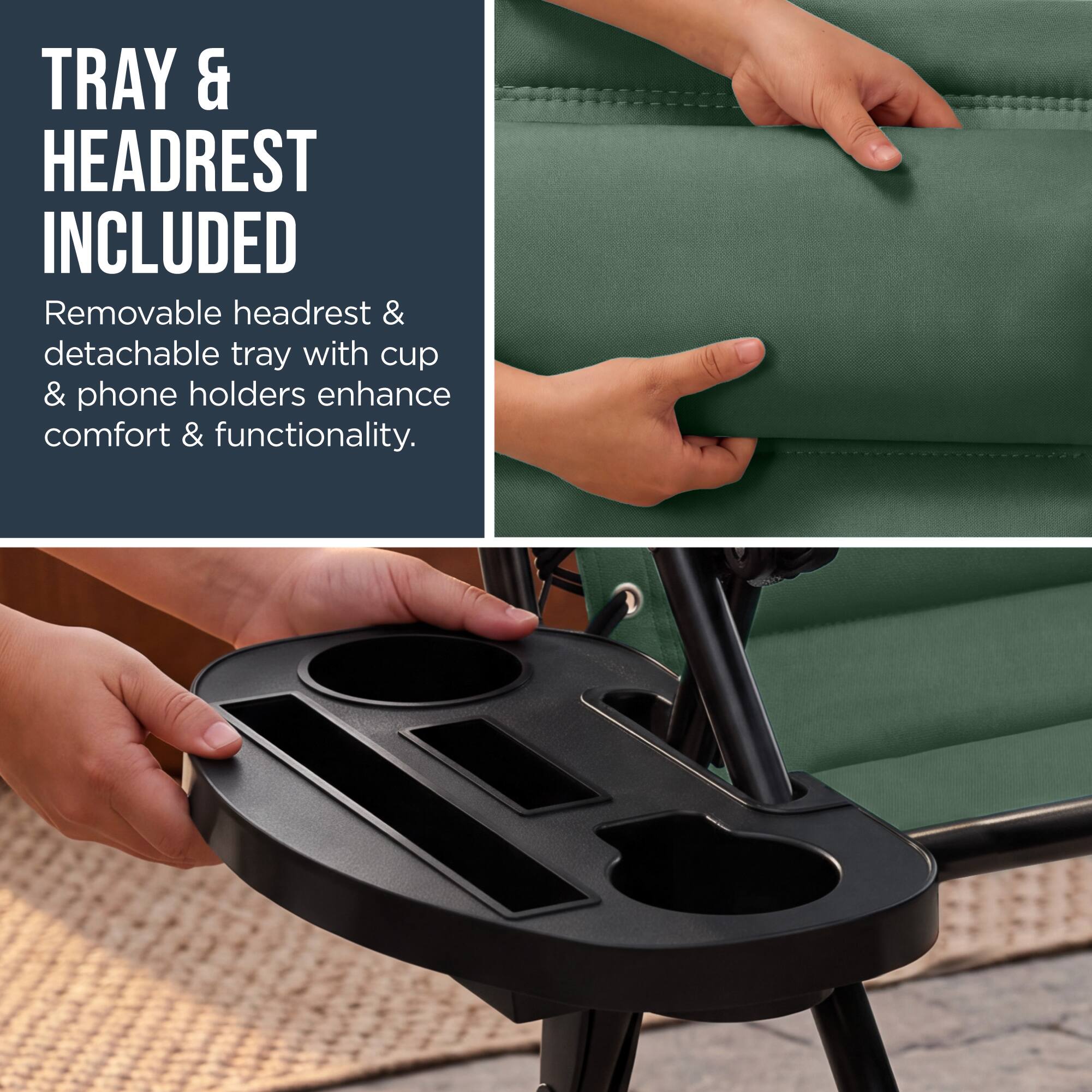 TRAY & HEADREST INCLUDED

Removable headrest & detachable tray with cup & phone holders enhance comfort & functionality.