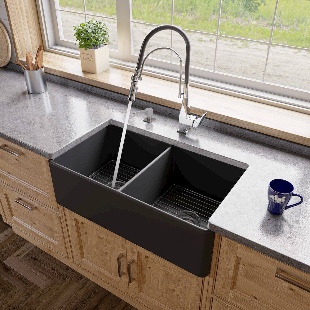 Alt View 1. Alfi - ALFI brand Black Matte Smooth Apron 33 x 18 Double Bowl Fireclay Farm Sink - Black.
