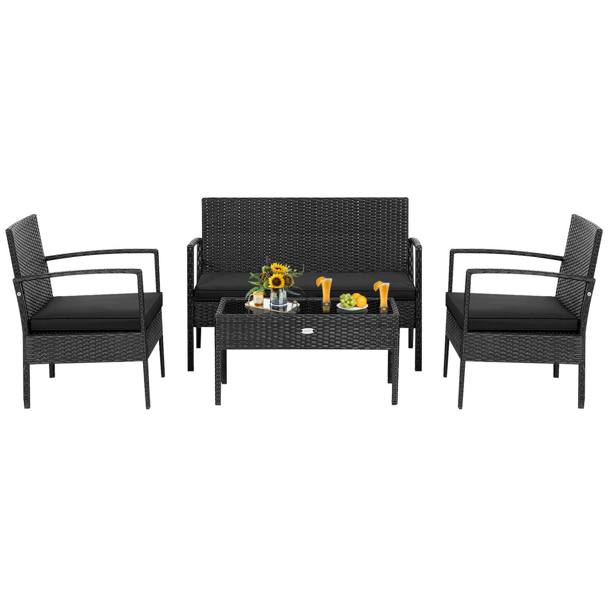 Alt View 6. Gymax - Gymax 4PCS Rattan Patio Conversation Set Outdoor Wicker Furniture Set w/ Cushions - Black.