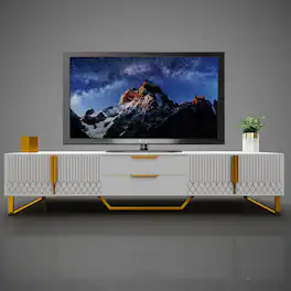 Boyel Living - 70.8-Inch Modern TV Stand with Carved Cabinet Doors and Metal Legs for TVs up to 75 Inches - White/Gold