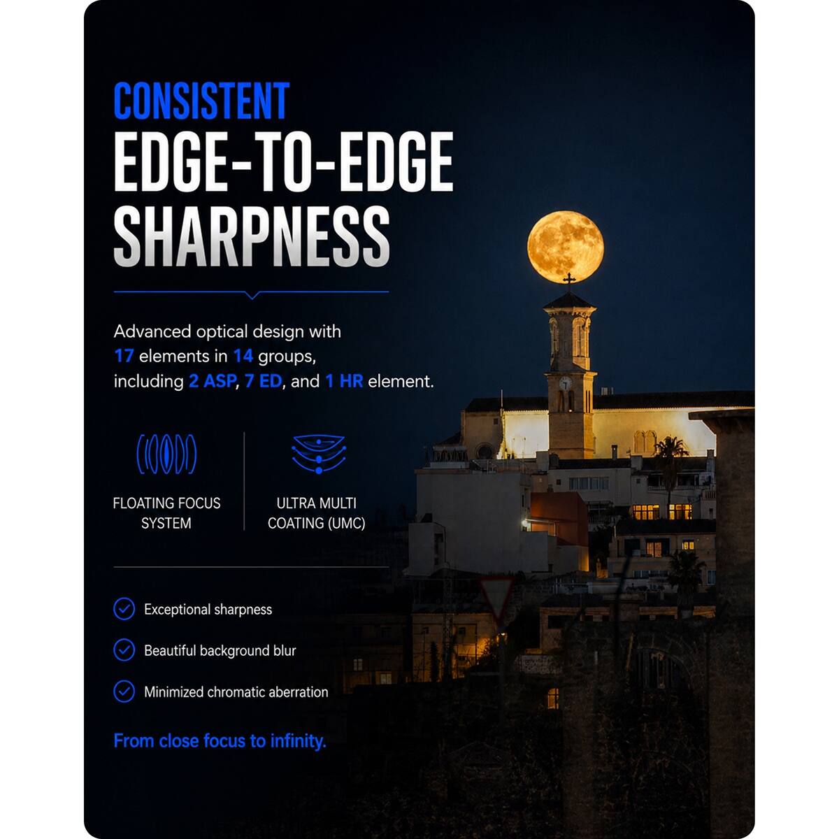 CONSISTENT EDGE-TO-EDGE SHARPNESS

Advanced optical design with 17 elements in 14 groups, including 2 ASP, 7 ED, and 1 HR element.

FLOATING FOCUS SYSTEM

ULTRA MULTI COATING (UMC)

Exceptional sharpness

Beautiful background blur

Minimized chromatic aberration

From close focus to infinity.