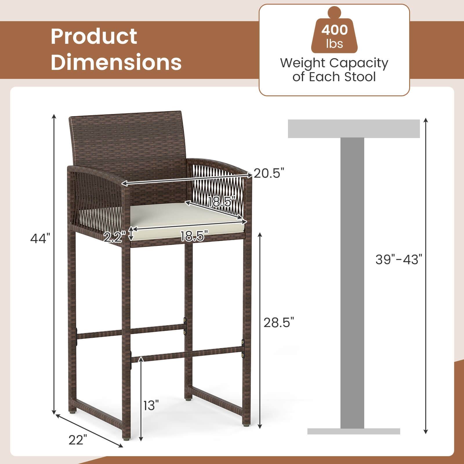 Product Dimensions: 400 lbs Weight Capacity of Each Stool: 20.5", 18.5", 44", 2.2", 18.5", 39"-43", 28.5", 13", 22"
