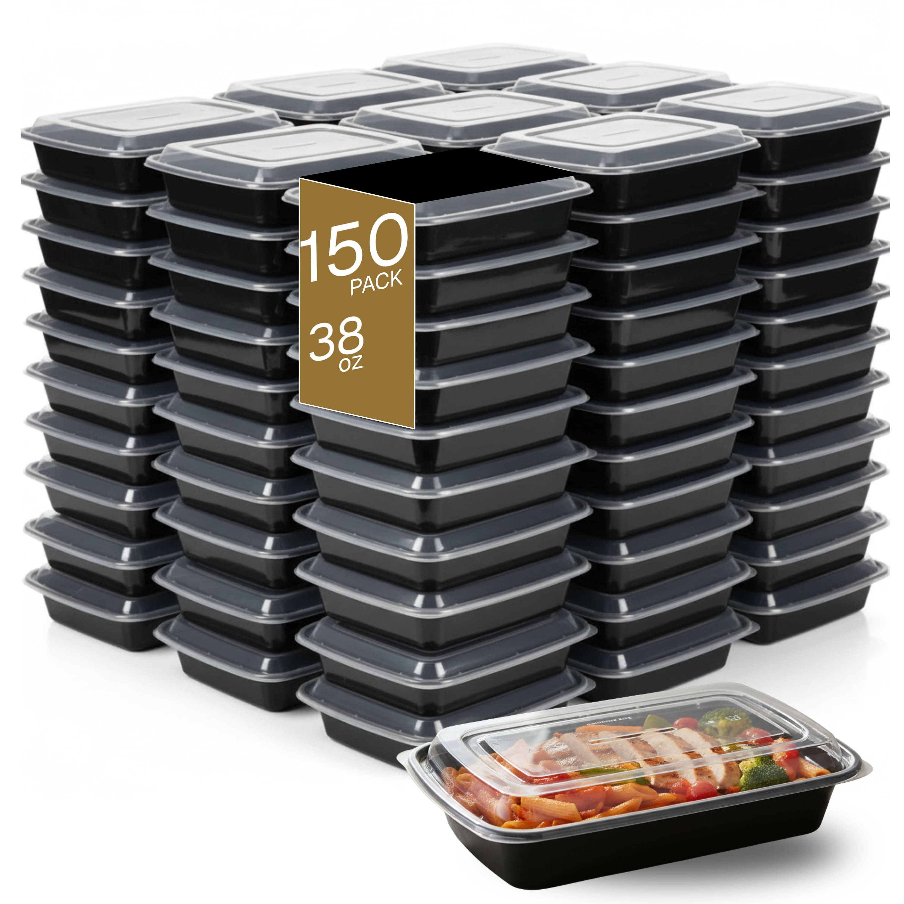 Eco Harmony Products - Microwaveable Container (Shallow) with Lid, 38oz, 150-Pack - Black