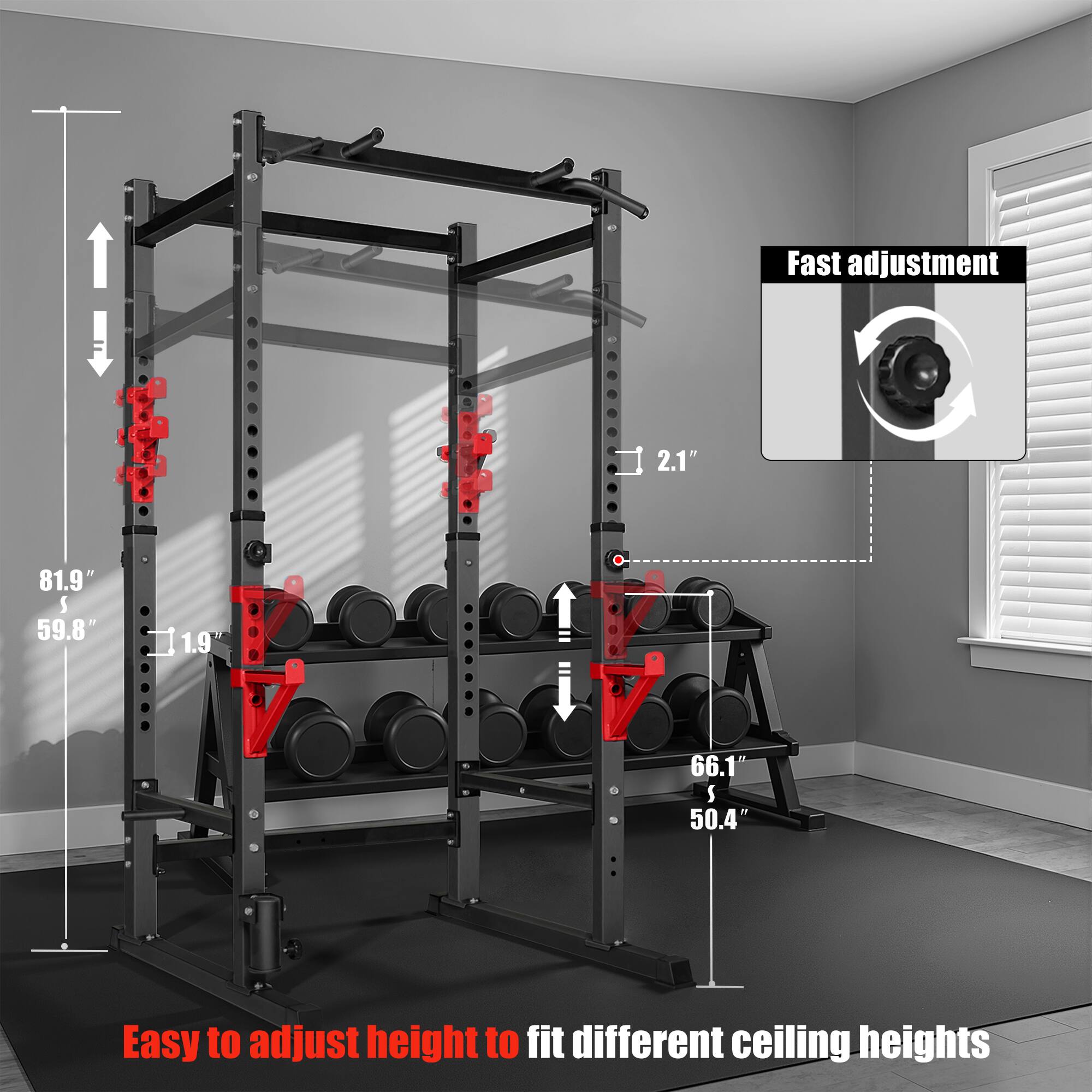 Fast adjustment

81.9"  
59.8"  
1.9"  
66.1"  
50.4"  

Easy to adjust height to fit different ceiling heights