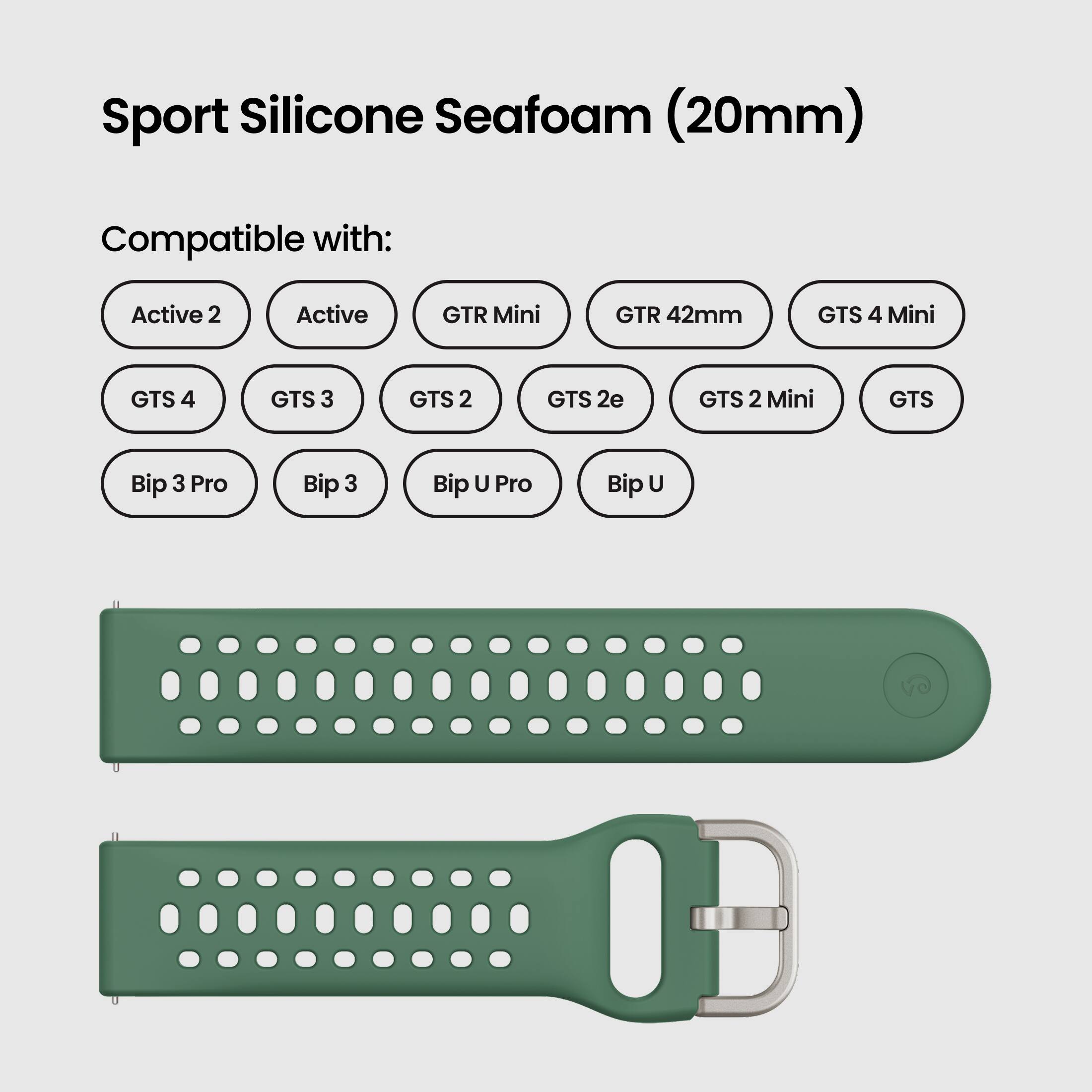 Sport Silicone Seafoam (20mm)

Compatible with:
- Active 2
- Active
- GTR Mini
- GTR 42mm
- GTS 4 Mini
- GTS 4
- GTS 3
- GTS 2
- GTS 2e
- GTS 2 Mini
- GTS
- Bip 3 Pro
- Bip 3
- Bip U Pro
- Bip U
