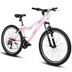 Front. HTUTWOO - Mountain Bike - 24 Inch High-Density Carbon Steel Frame, 21 Speed, Front Suspension, Dual V-Brakes, 80% Pre-Assembled - Pink.