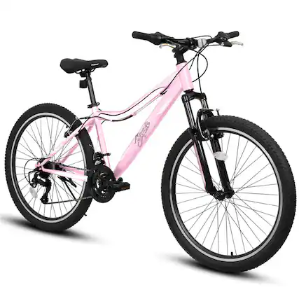 Front. HTUTWOO - Mountain Bike - 26 Inch High-Density Carbon Steel Frame, 21 Speed, Front Suspension, Dual V-Brakes, 80% Pre-Assembled - Pink.