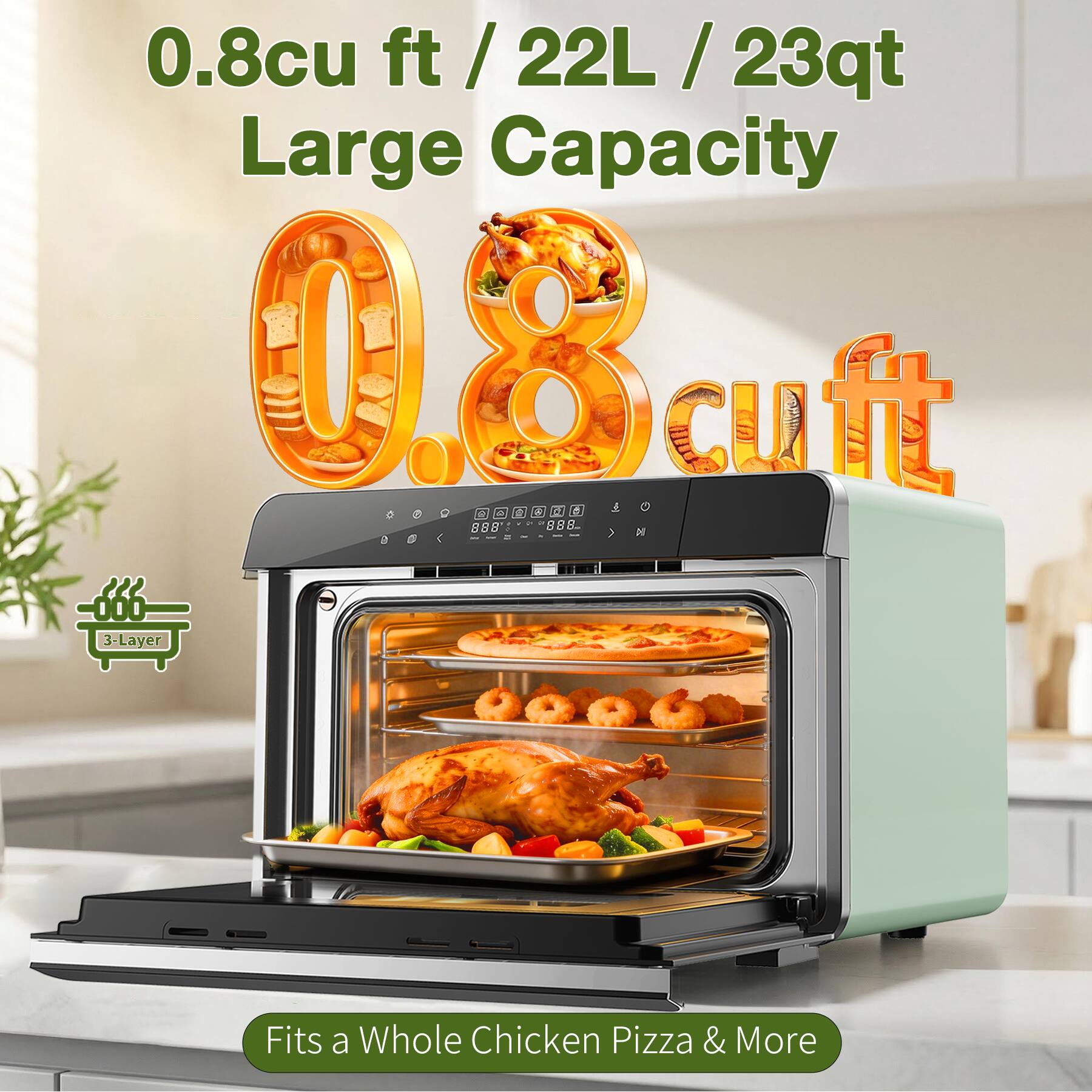 0.8cu ft / 22L / 23qt Large Capacity

0.8 cu ft

3-Layer

Fits a Whole Chicken Pizza & More