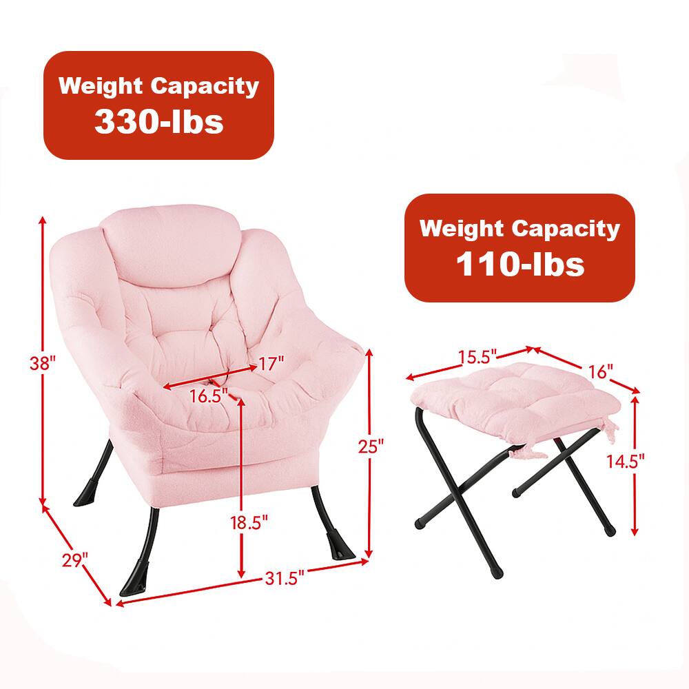 Weight Capacity: 330-lbs  
Dimensions: 38" (height) x 29" (width) x 17" (depth) x 16.5" (seat height) x 18.5" (seat width) x 31.5" (seat depth) x 25" (armrest height)  

Weight Capacity: 110-lbs  
Dimensions: 15.5" (height) x 16" (width) x 14.5" (depth)