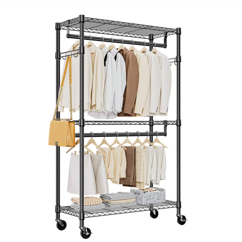 ALEXOUN - 3 Tiers Heavy Duty Rolling Garment Rack -15.7" x 29.5"x 74.5",Adjustable Wire Shelving, Clothes Rack with 2 Rods & Hooks - Black