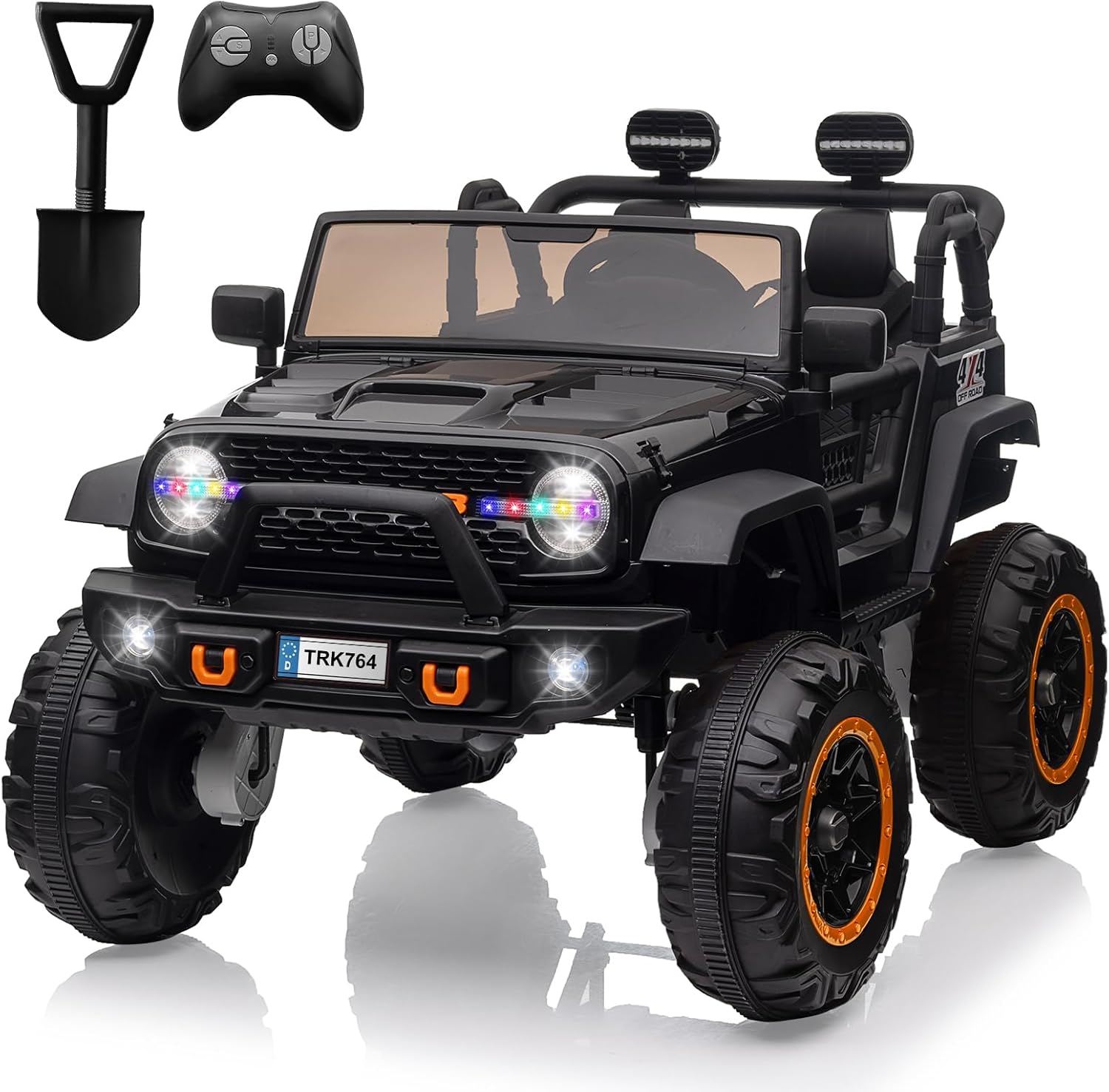 Front. Homhougo - 24V Kids Electric Ride On Truck, 2-Seater 4WD w/ Remote, LED Lights, Black.
