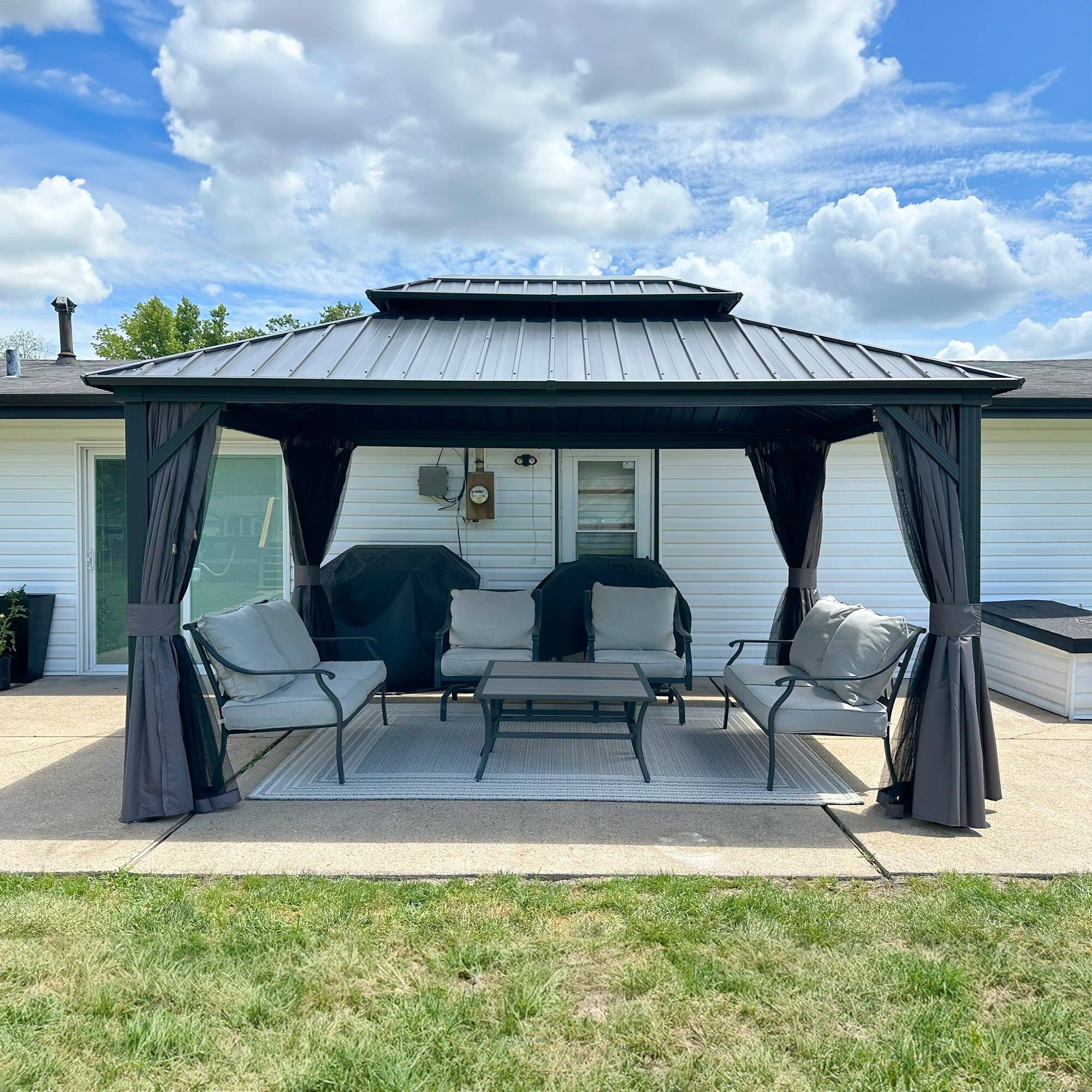 Angle. PURPLE LEAF - 10' X 14' Outdoor Aluminum Hardtop Gazebo with Galvanized Steel Double Roof for Patio Deck with Netting and Curtains - 10' X 14'.