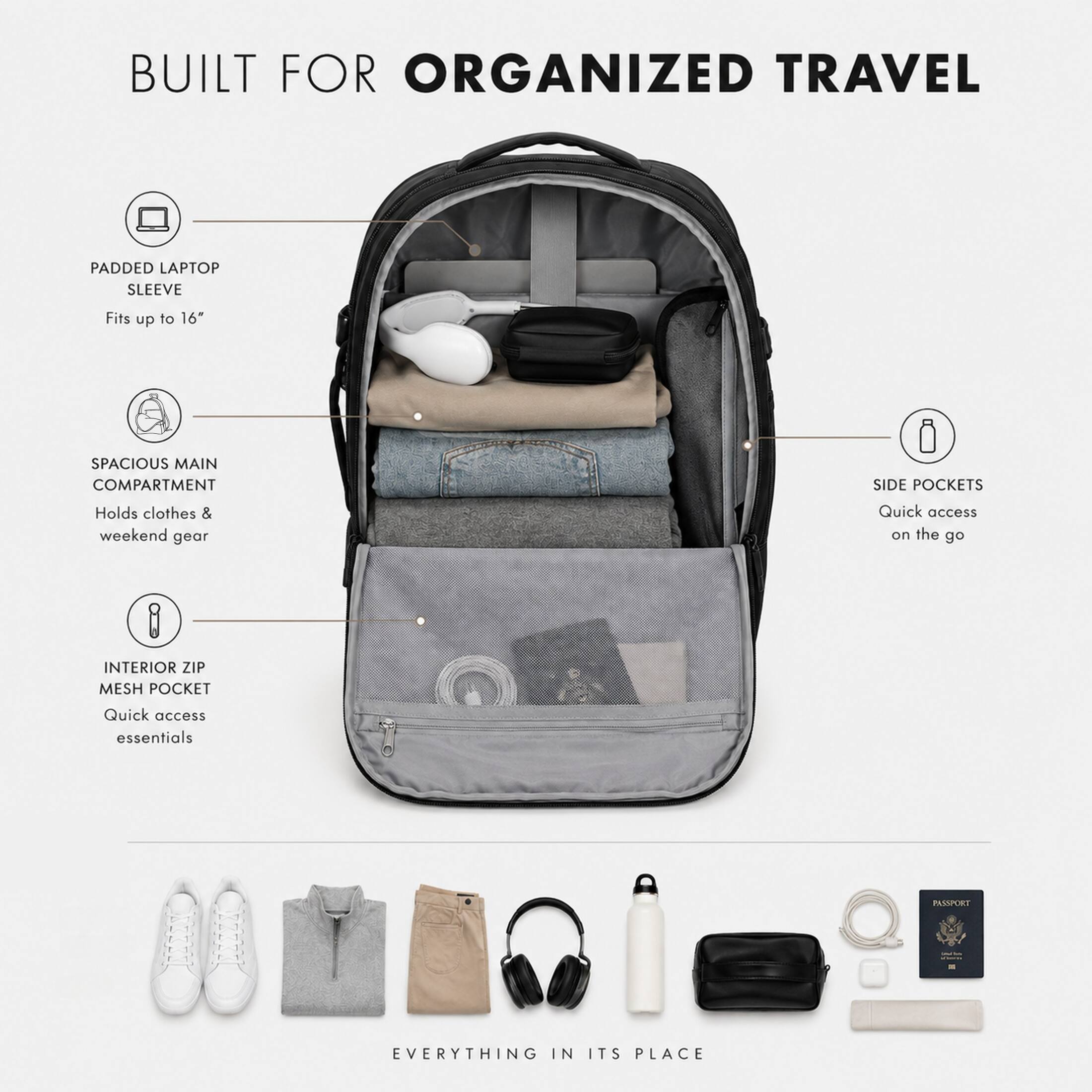 BUILT FOR ORGANIZED TRAVEL

PADDED LAPTOP SLEEVE
Fits up to 16"

SPACIOUS MAIN COMPARTMENT
Holds clothes & weekend gear

SIDE POCKETS
Quick access on the go

INTERIOR ZIP MESH POCKET
Quick access essentials

PASSPORT

EVERYTHING IN ITS PLACE