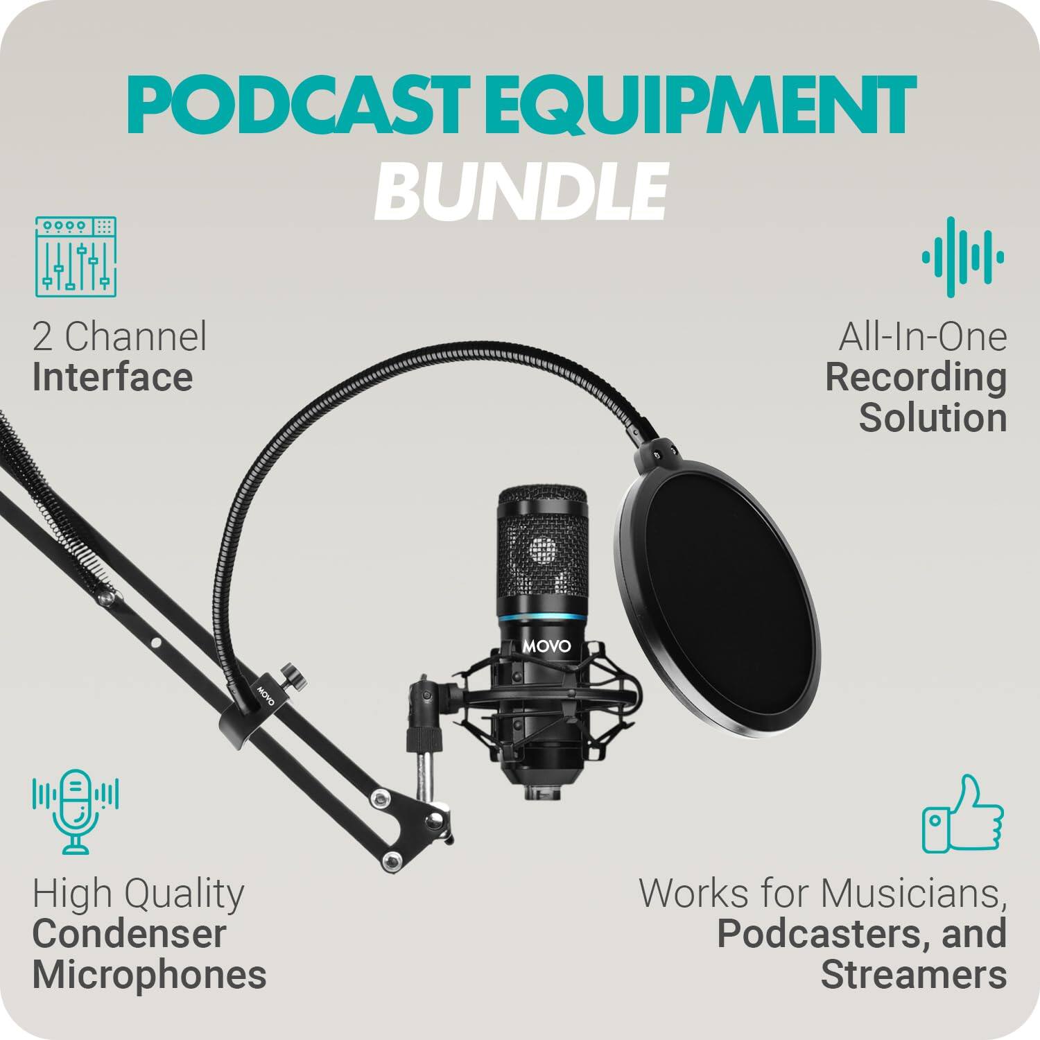 PODCAST EQUIPMENT BUNDLE

- 2 Channel Interface
- All-In-One Recording Solution
- High Quality Condenser Microphones
- Works for Musicians, Podcasters, and Streamers
