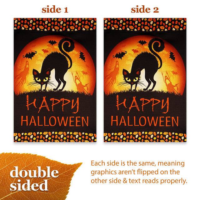 side 1 side 2  
HAPPY HALLOWEEN  
HAPPY HALLOWEEN  

double sided  

Each side is the same, meaning graphics aren't flipped on the other side & text reads properly.