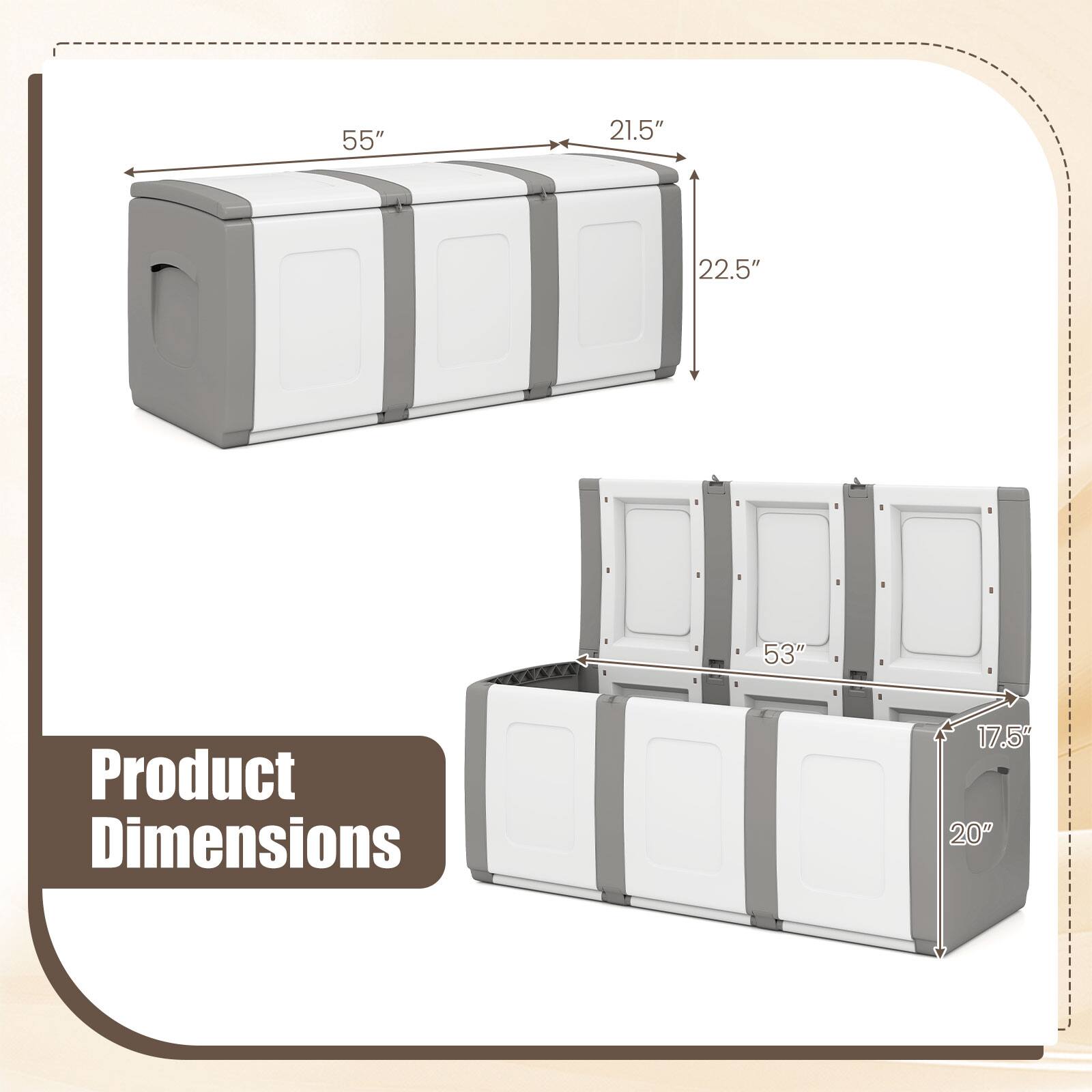 55" x 21.5" x 22.5"  
Product Dimensions: 53" x 17.5" x 20"