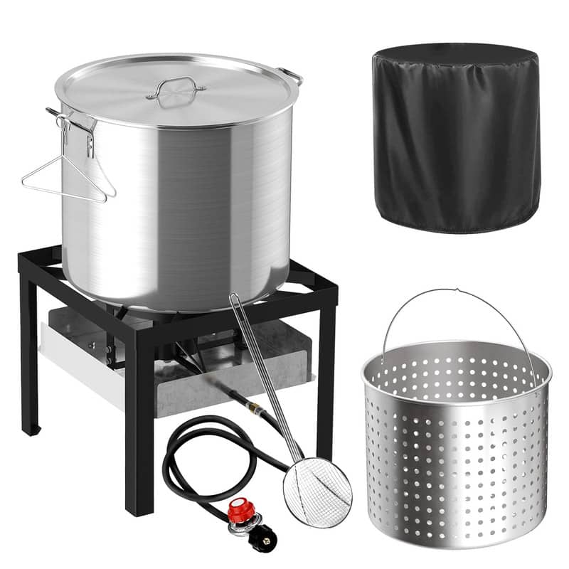 FODINGHILL - 80QT Aluminum Outdoor Crawfish & Crab Boiler with Basket, Skimmer & Cover, Seafood Boiling Kit - Silver