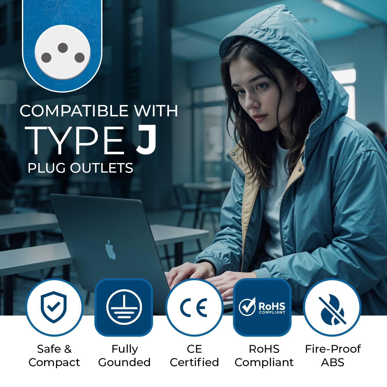 COMPATIBLE WITH TYPE J PLUG OUTLETS

- Safe & Compact
- Fully Grounded
- CE Certified
- RoHS Compliant
- Fire-Proof ABS