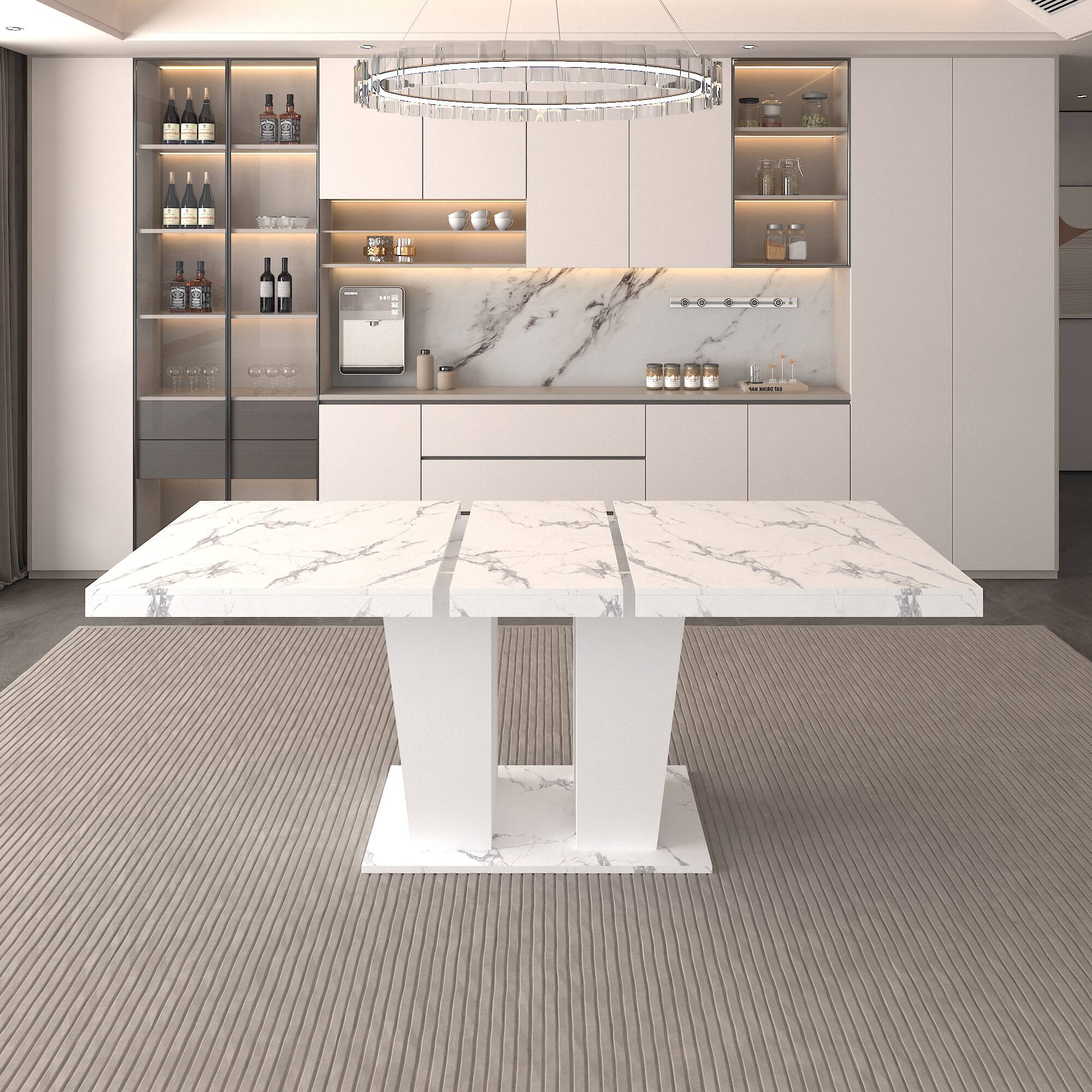 Alt View 2. Tiramisubest - Modern Extendable Dining Table for 4-10, White Faux Marble Wooden Rectangle Table with Dual Column Pedestal Base - White Marble.