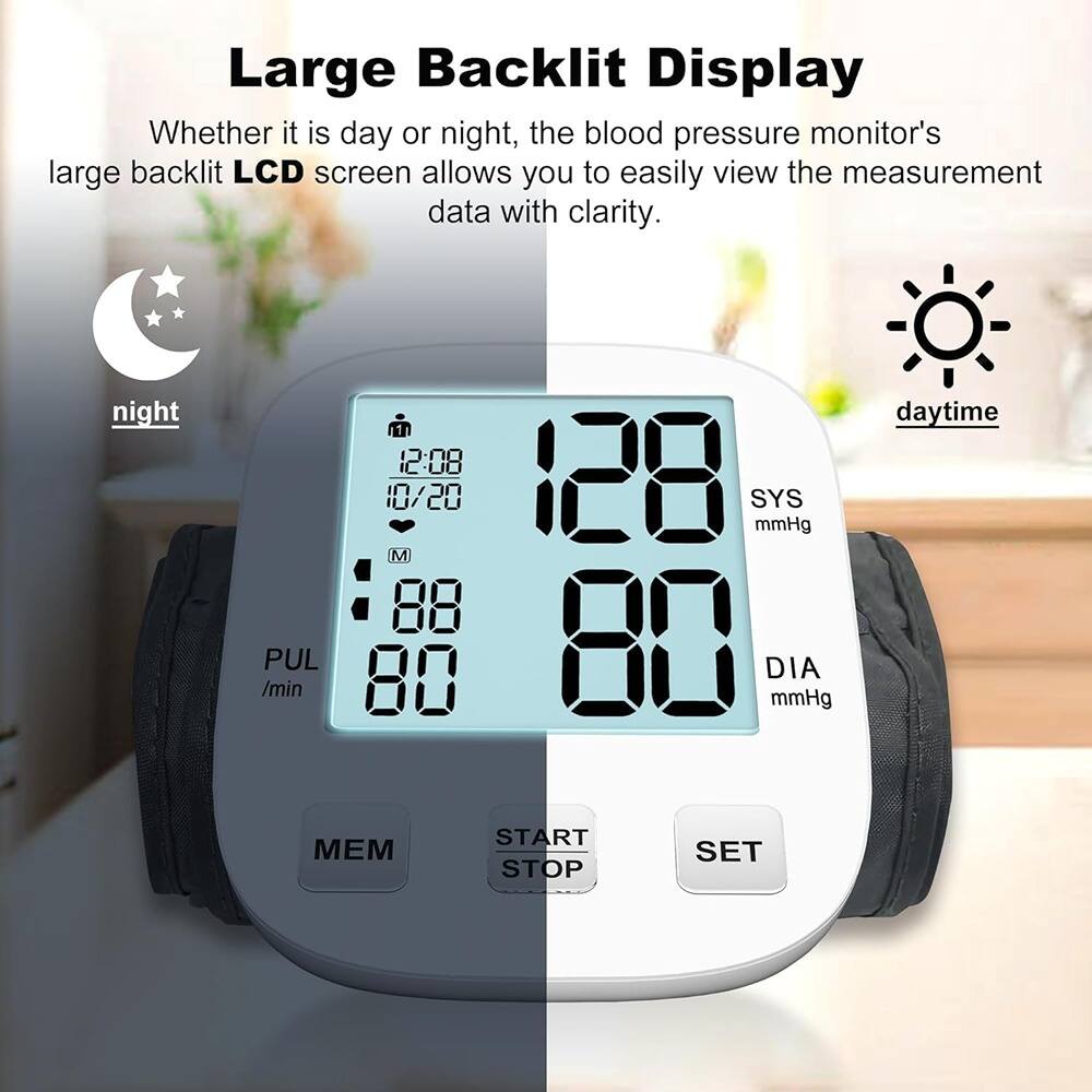 Large Backlit Display

Whether it is day or night, the blood pressure monitor's large backlit LCD screen allows you to easily view the measurement data with clarity.

night
12:08
10/20
88
80
PUL /min
SYS mmHg
DIA mmHg

daytime
128
80

MEM
START STOP
SET