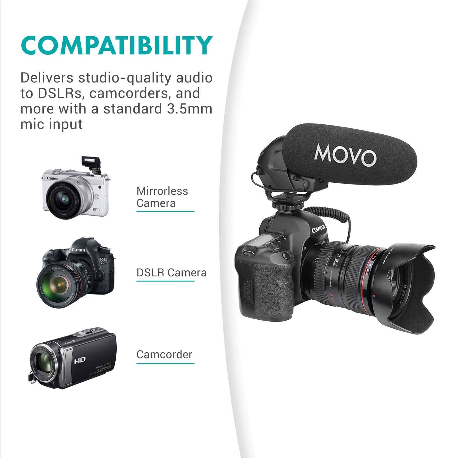 COMPATIBILITY

Delivers studio-quality audio to DSLRs, camcorders, and more with a standard 3.5mm mic input

- Mirrorless Camera
- DSLR Camera
- Camcorder