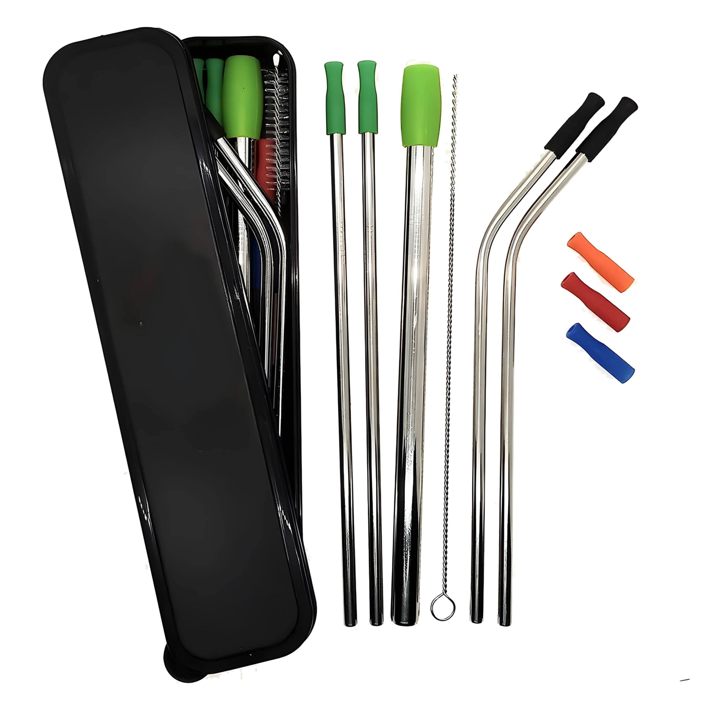 Angle. Kitcheniva - Reusable Stainless Steel Drinking Straws With Tips Carry Case Cleaning Brush - Silver.