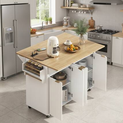 Front. Forest'nSky - 55.5" Fluted Kitchen Island, 4 Doors & Spice Rack, 2 Drop Leaf with Wood-Grain Top, Curved Edge, White - White.