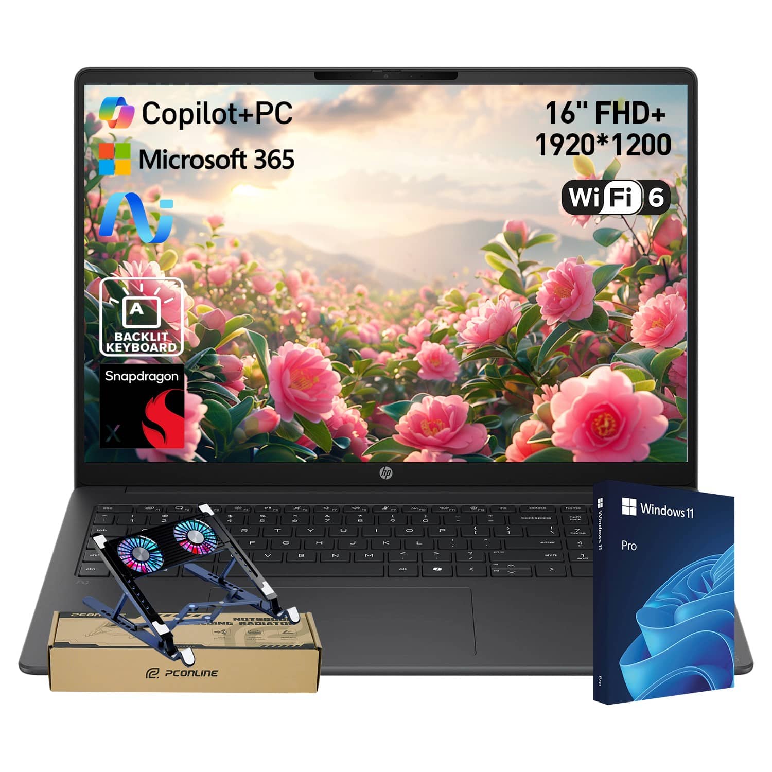 HP - OmniBook 3 16" FHD+ Laptop - Qualcomm Snapdragon X with 16GB RAM 1TB SSD - Copilot & Backlit KB - PCO Laptop Cooler - Black