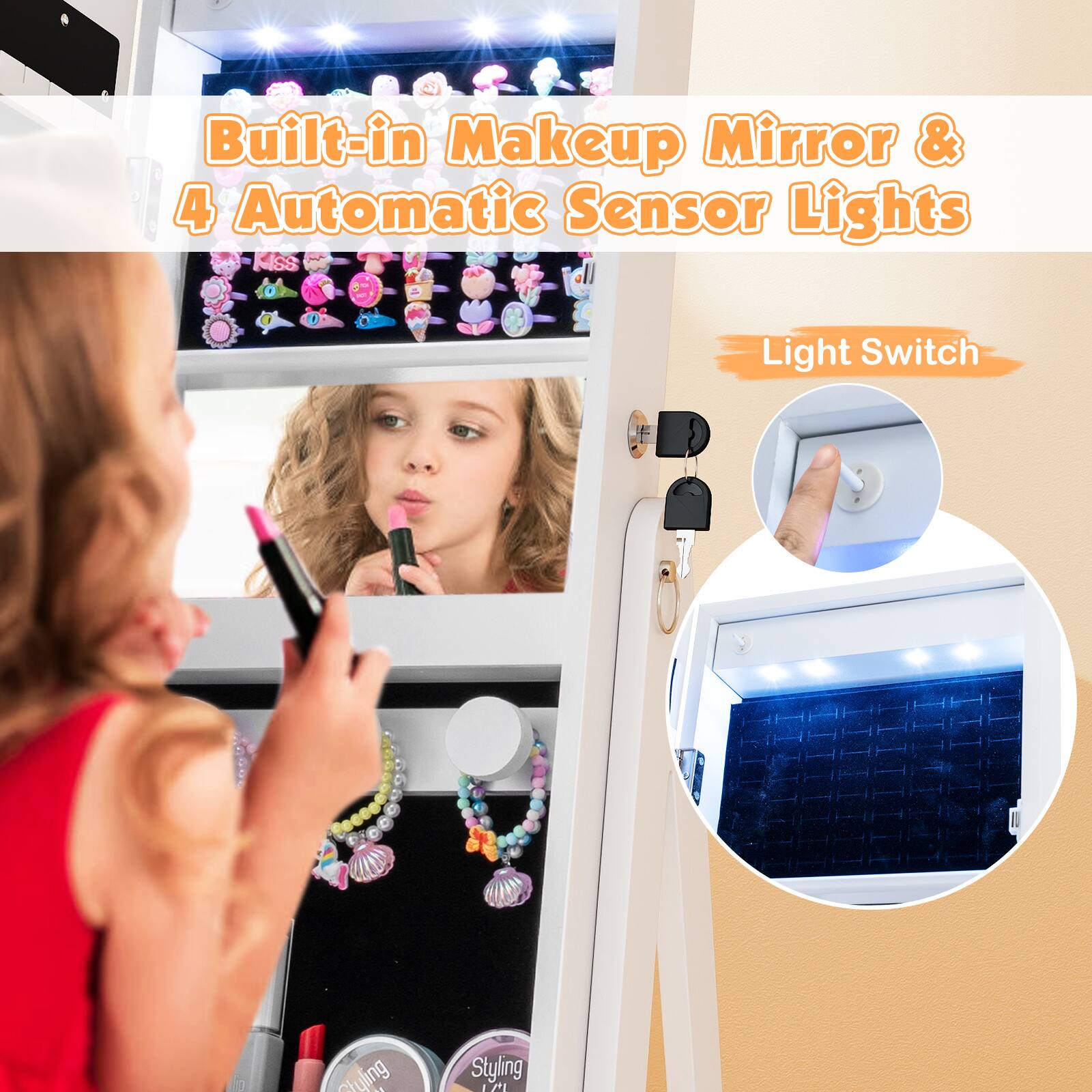 Built-in Makeup Mirror & 4 Automatic Sensor Lights

Light Switch