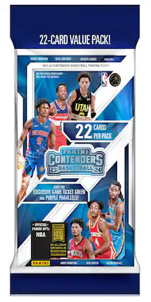 22-Card Value Pack! 2023-24 Contenders Basketball Trading Cards. No Purchase Necessary. See pack for details. NBA DETROIT, UTAH, WASHINGTON, WIZARDS, and more. 22 cards per pack. Look for exclusive game ticket green and purple parallels! 75% OFFICIAL* G30 Panini NFTs. Buy, sell, auction your card all on the blockchain technology! Includes DETROIT, SOCKETS, PANINI, Thompson, Kobe, Bufkin, Cason, Wallace, and more.