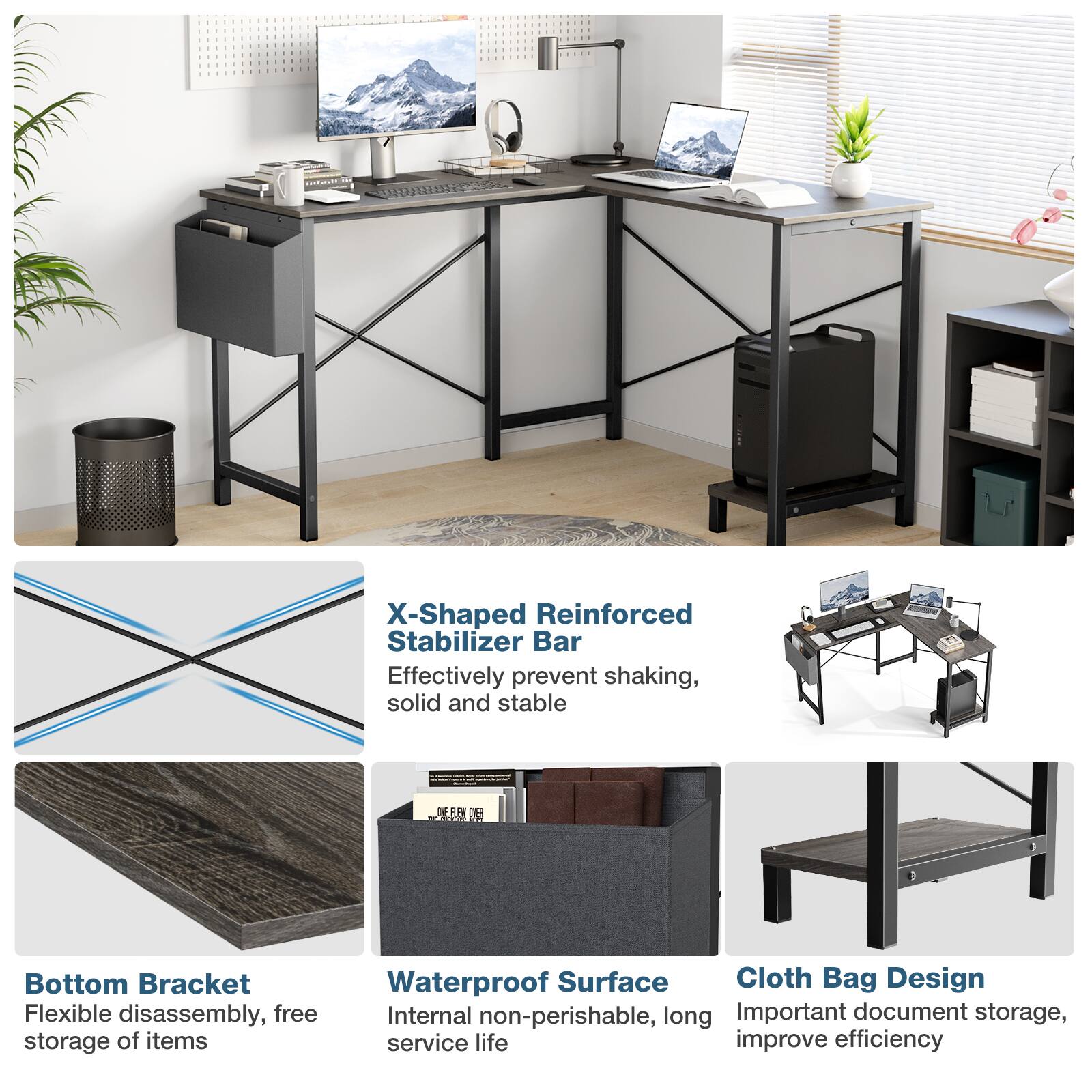 - X-Shaped Reinforced Stabilizer Bar
  - Effectively prevent shaking, solid and stable

- Bottom Bracket
  - Flexible disassembly, free storage of items

- Waterproof Surface
  - Internal non-perishable, long service life

- Cloth Bag Design
  - Important document storage, improve efficiency